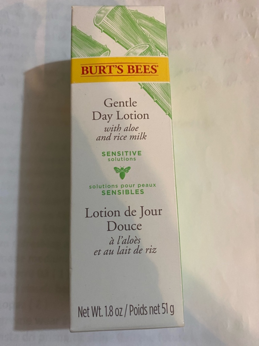 Burt's Bees Gentle Day Lotion - White, Green & Yellow Box